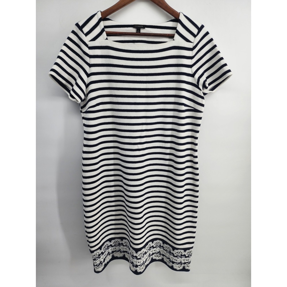 Talbots Womens Large Striped Knit Sheath Dress Navy White Lace Hem Short Sleeve